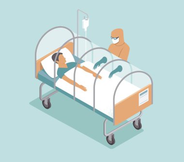 Hasta özel izole kapsülde yatıyor. düz vektör 