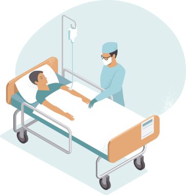 Hospitalized man lying in bed. Doctor checking him. COVID-19 pandemic concept Flat vector 