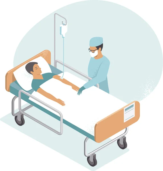 Hospitalized man lying in bed. Doctor checking him. COVID-19 pandemic concept Flat vector — Διανυσματικό Αρχείο