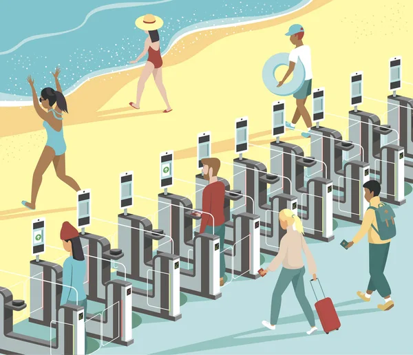 Šťastní lidé procházející elektronickými branami přímo na pláž — Stockový vektor