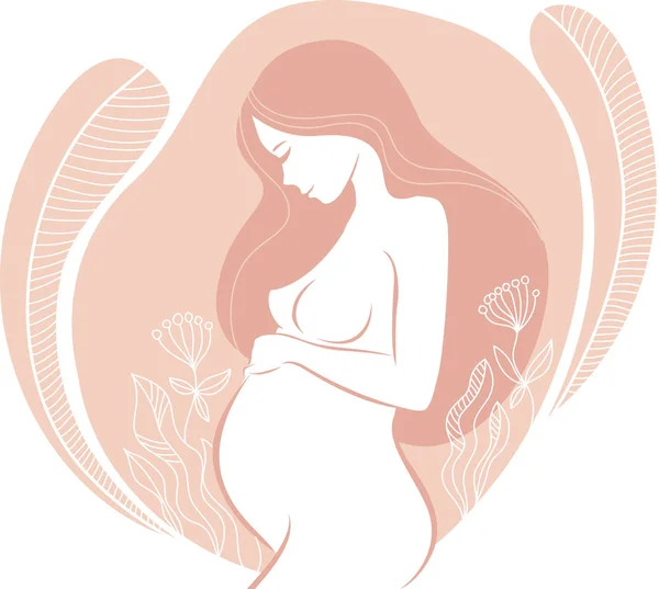 Çiçekli Süslemeleri Olan Güzel Hamile Kadın Vektör Sanat Çizimi — Stok Vektör