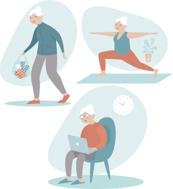 Farklı durumlardaki kıdemli kadınlar. Son sınıf kadın aktiviteleri - market alışverişi, dizüstü bilgisayarda internette gezinme, yoga. düz vektör karakteri