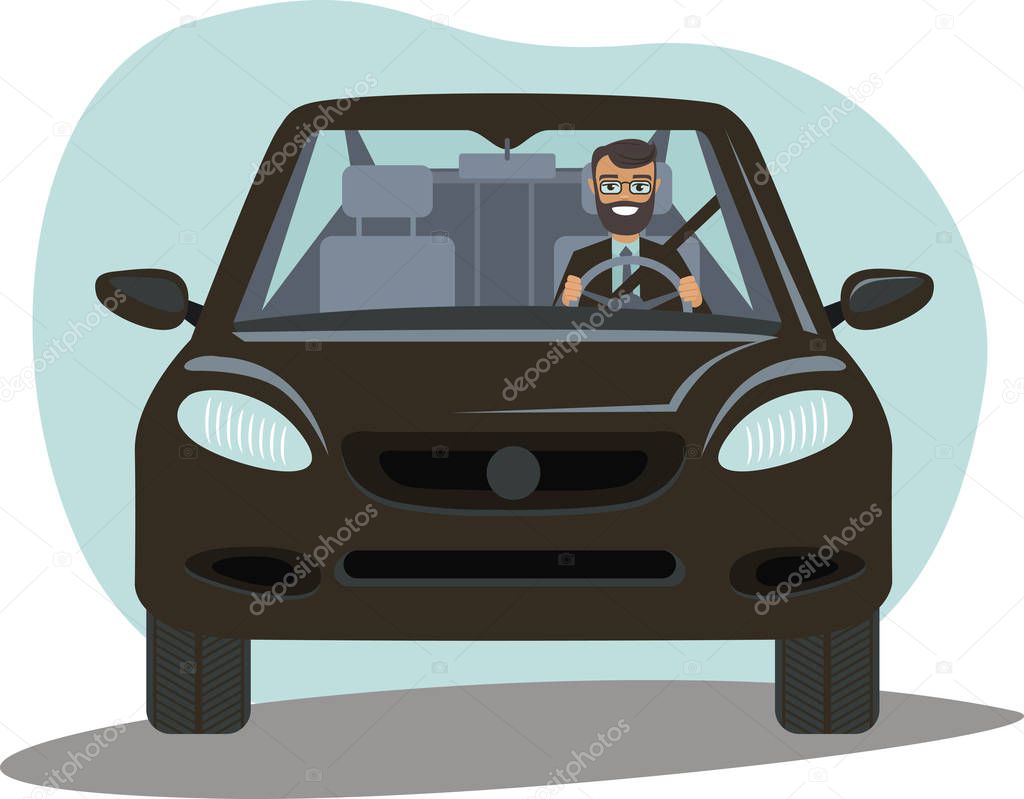 Successful businessman  driving prestigious black car business class. Vector illustration cartoon character flat design