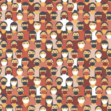 Çin 'de Coronavirus. COVID-19 Coronavirus (2019-nCoV), tıbbi yüz maskesi takmış Çinliler. Koronavirüs karantina vektör çizimi kavramı. Kusursuz desen.