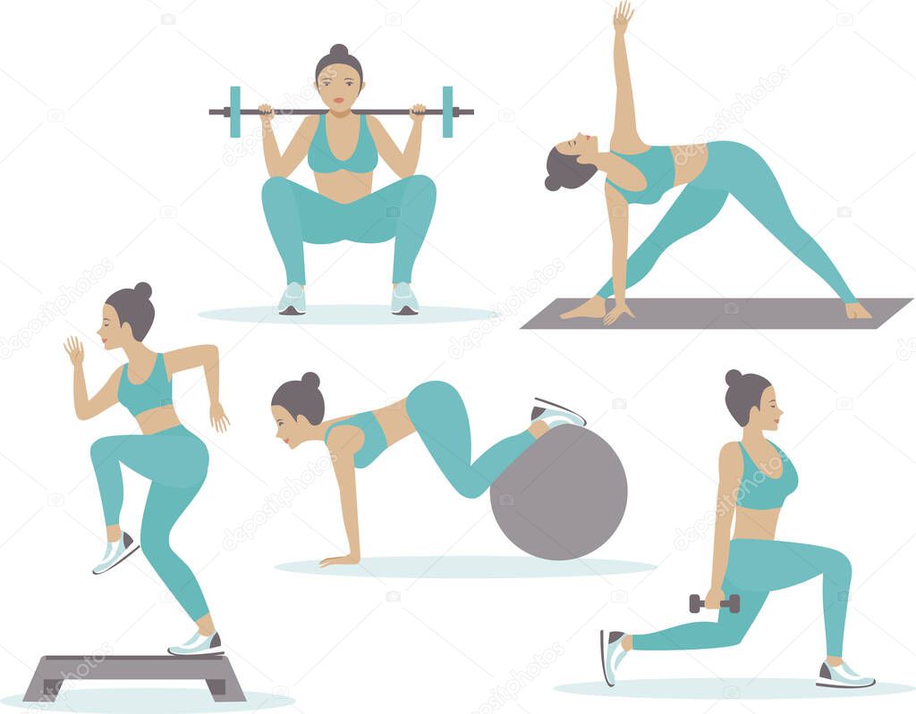 Various gym activities set Exercises in gym, cardio, treadmill, body lifting, aqua aerobics Healthy lifestyle flat vector illustration