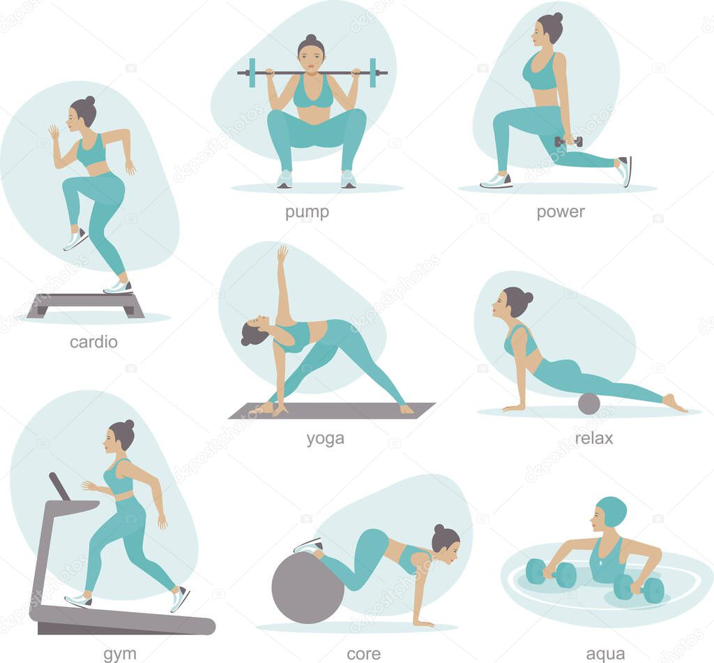 Various gym activities set Exercises in gym, cardio, treadmill, body lifting, aqua aerobics Healthy lifestyle flat vector illustration