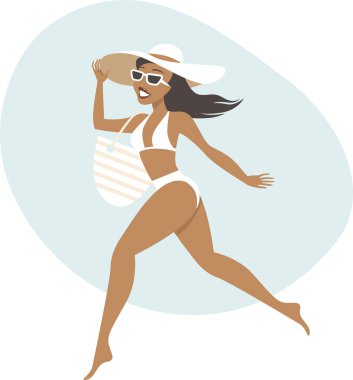 Bikini mayo ve güneş şapkası giyen genç mutlu kadın tatil vektörü çizimine hazır.