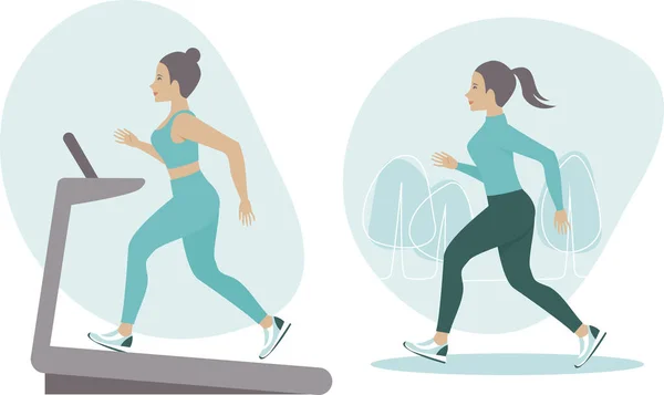 Kobieta Biegnie Bieżni Siłowni Młoda Dziewczyna Fitnessu Biegnie Zewnątrz Ilustracja — Wektor stockowy