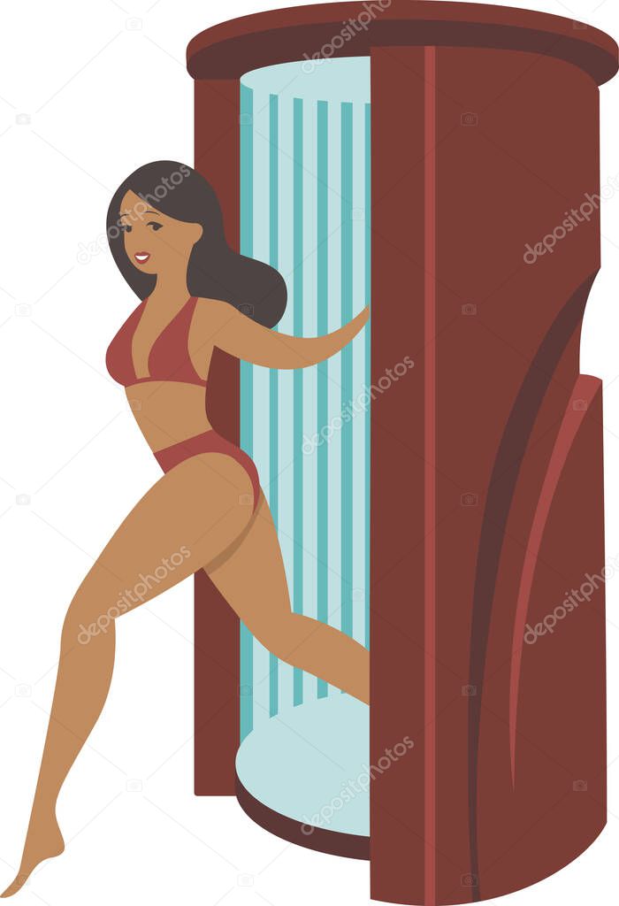 Young tanned woman steps out of solarium Ready for vacation in tropical resort Flat vector concept illustration