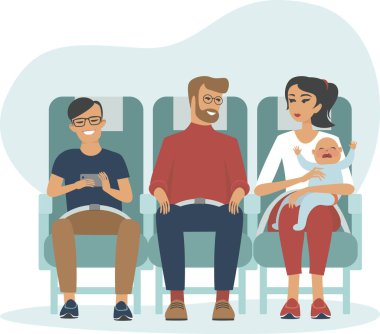 Jet uçağıyla seyahat eden genç bir aile. Uçak içi yolcu uçağı. Düz biçim vektör illüstrasyonu