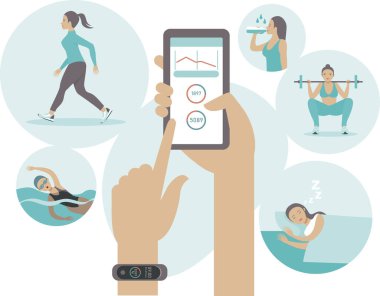Düz stil vektör illüstrasyonunda Smartwatch fitness bant izleyici kavramı