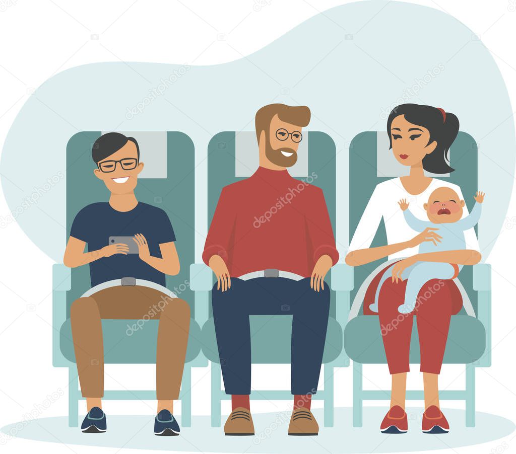 Young family traveling by jet plane together. Passenger airplane interior. Flat style vector illustration