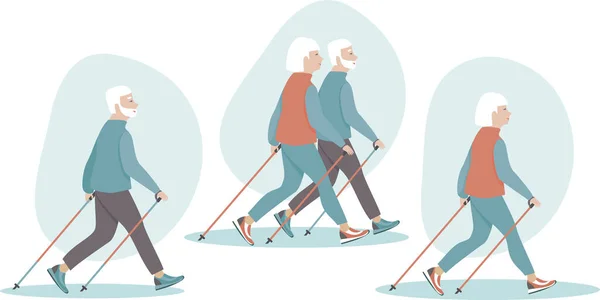 Ouderen Senior Paar Maken Nordic Walking Training Samen Vlakke Vector — Stockvector