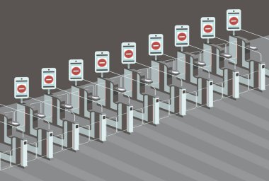 Coronavirus COVID-19 salgını konsepti. Koronavirüs karantinası sırasında ülke sınırlarını kapatın. Havaalanında kapalı e-kapılar. düz vektör illüstrasyonu