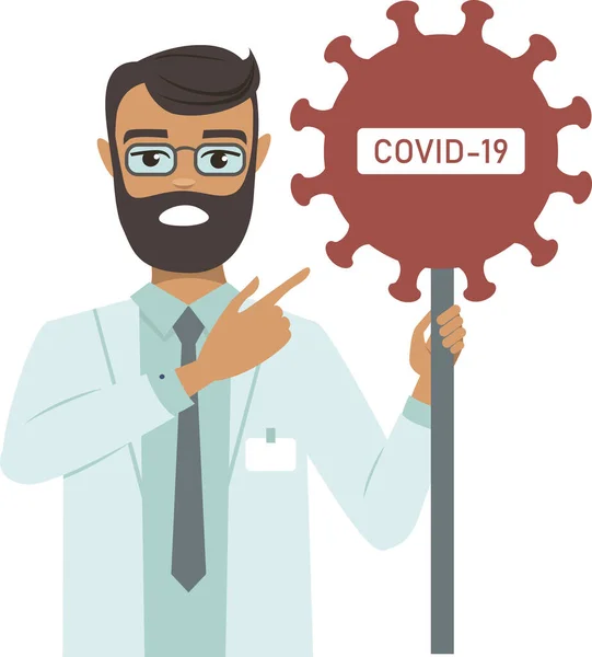 Doktor Coronavirus Covid Hastalık Salgını Uyarısı Verdi Düz Vektör Karakteri — Stok Vektör