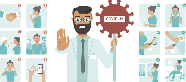 Coronavirus Covid Dicas Proteção Doutor Personagem Segurando Stop Sinal Coronavirus — Vetor de Stock