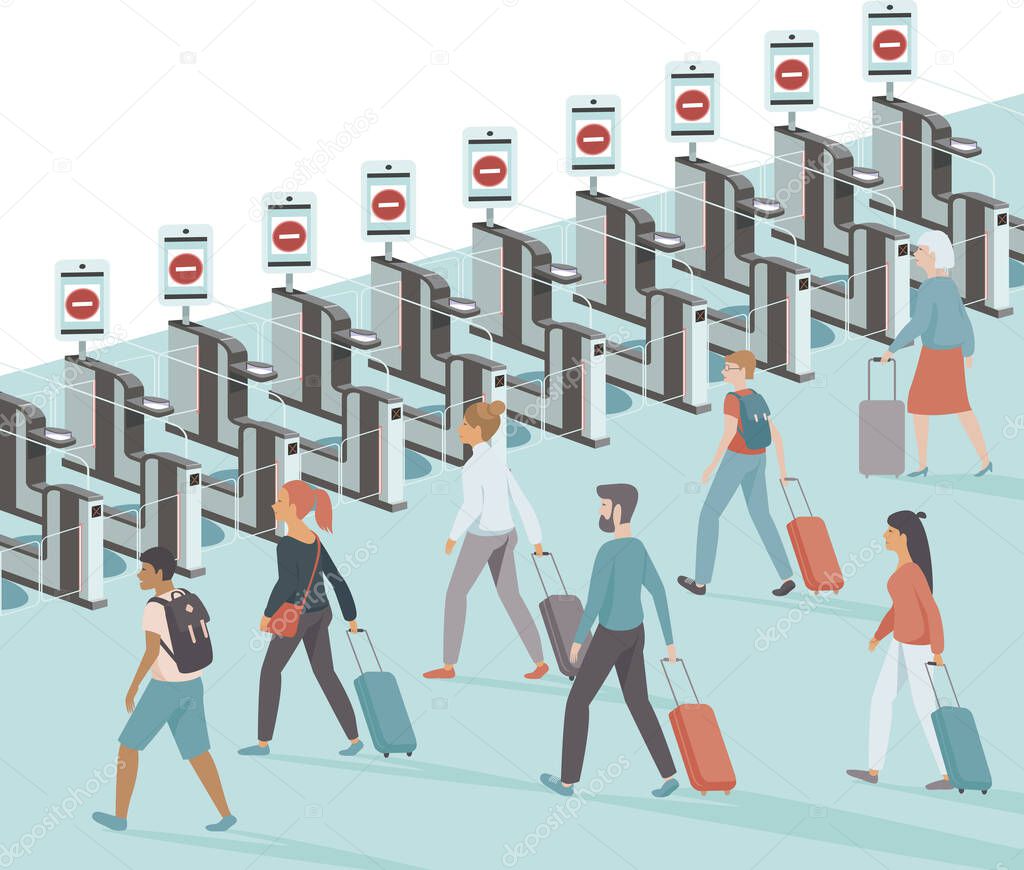 coronavirus COVID-19 disease outbreak concept. Lockdown the country borders during coronavirus quarantine. Crowd of upset passengers with closed e-gates in the airport. flat vector illustration