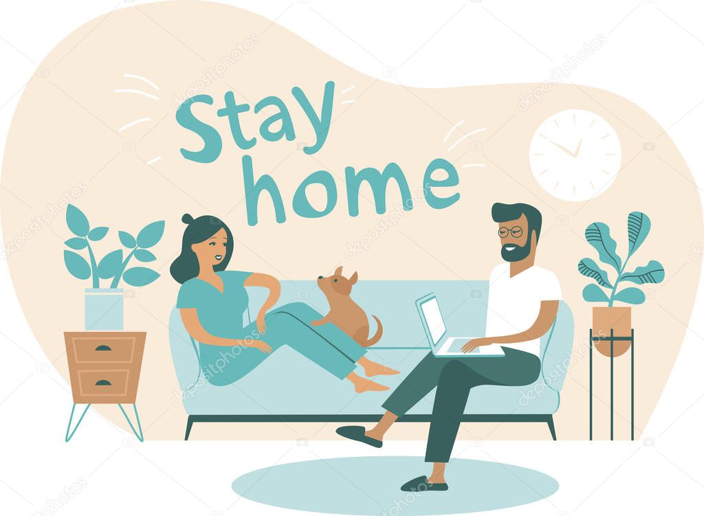 Coronavirus covid-19 self quarantine concept. Family working from home. Man and woman sitting on couch and working on laptop. Flat cartoon vector illustration