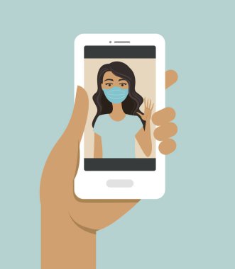 İnsan eli, COVID-19 salgını sırasında ailenizden yakın arkadaşınızla ekranda akıllı bir telefon görüşmesi yapıyor. Karantina konsepti Vektör illüstrasyonu