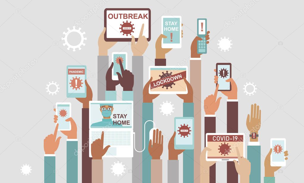 Coronavirus COVID-192019-nCoV disease outbreak concept. Panic in social media. Human hands holding various smart devices with coronavirus alerts on their screens flat vector illustration