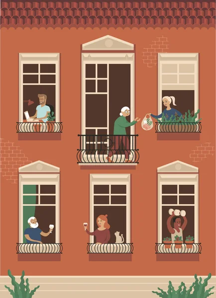 Les Voisins Vivent Travers Des Fenêtres Ouvertes Housemates Working Drinking — Image vectorielle