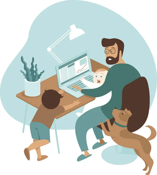 Busy Father Working Home Kids Pet Stay Home Social Distancing — Stock Vector