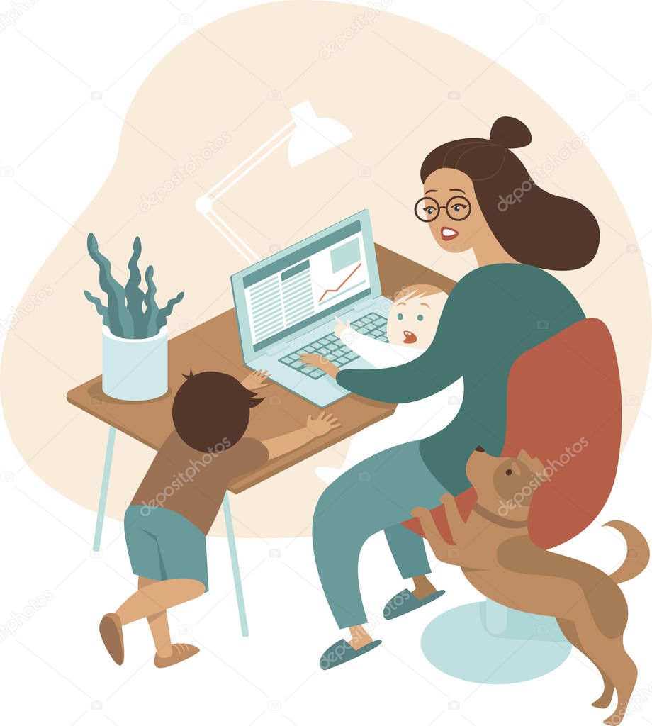 Busy mother working from home with kids and dog. Stay-at-Home Mom. Flat vector illustration