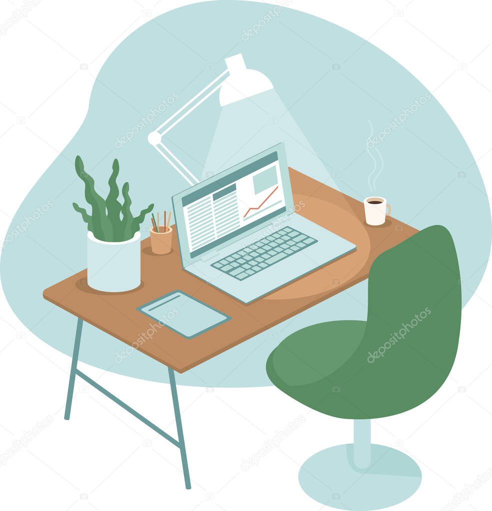 Cozy and comfortable workplace with laptop. home office concept. Flat vector illustration
