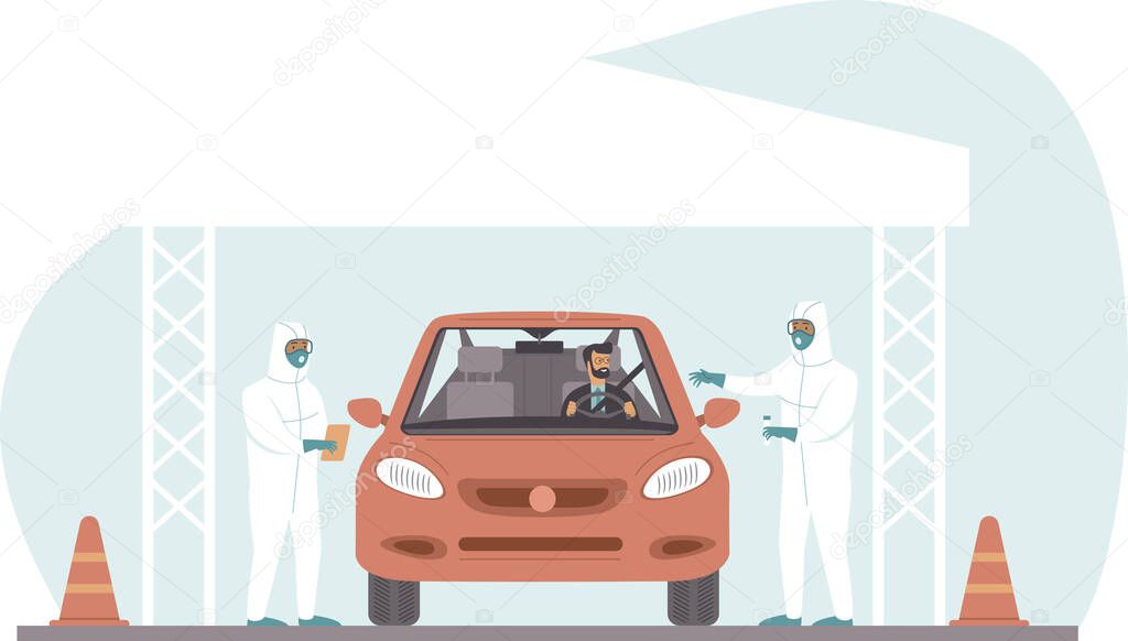 Coronavirus COVID-19 drive through testing site. Medical workers in full protective gear takes sample from driver inside the car. Drive-thru test site concept. Flat vector illustration