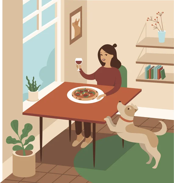 Chica Joven Disfrutando Pizza Casa Auto Aislamiento Durante Concepto Cuarentena — Archivo Imágenes Vectoriales