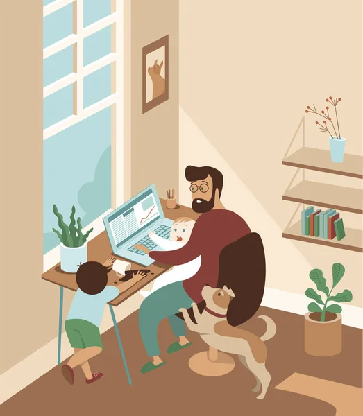 Busy Father Working Home Kids Dog Stay Home Social Distancing — Stock Vector