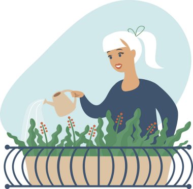 Şehrin balkon bahçesinde çiçekleri sulayan genç bir kadın. Düz vektör illüstrasyonu