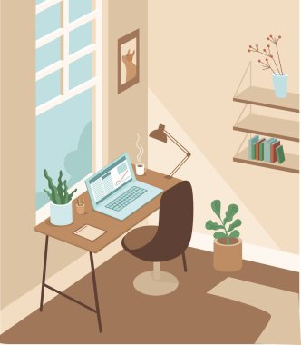 Rahat ve rahat bir dolap odası. Ev dizüstü bilgisayarlı ofis konsepti olan bir iş yeri. Düz vektör illüstrasyonu