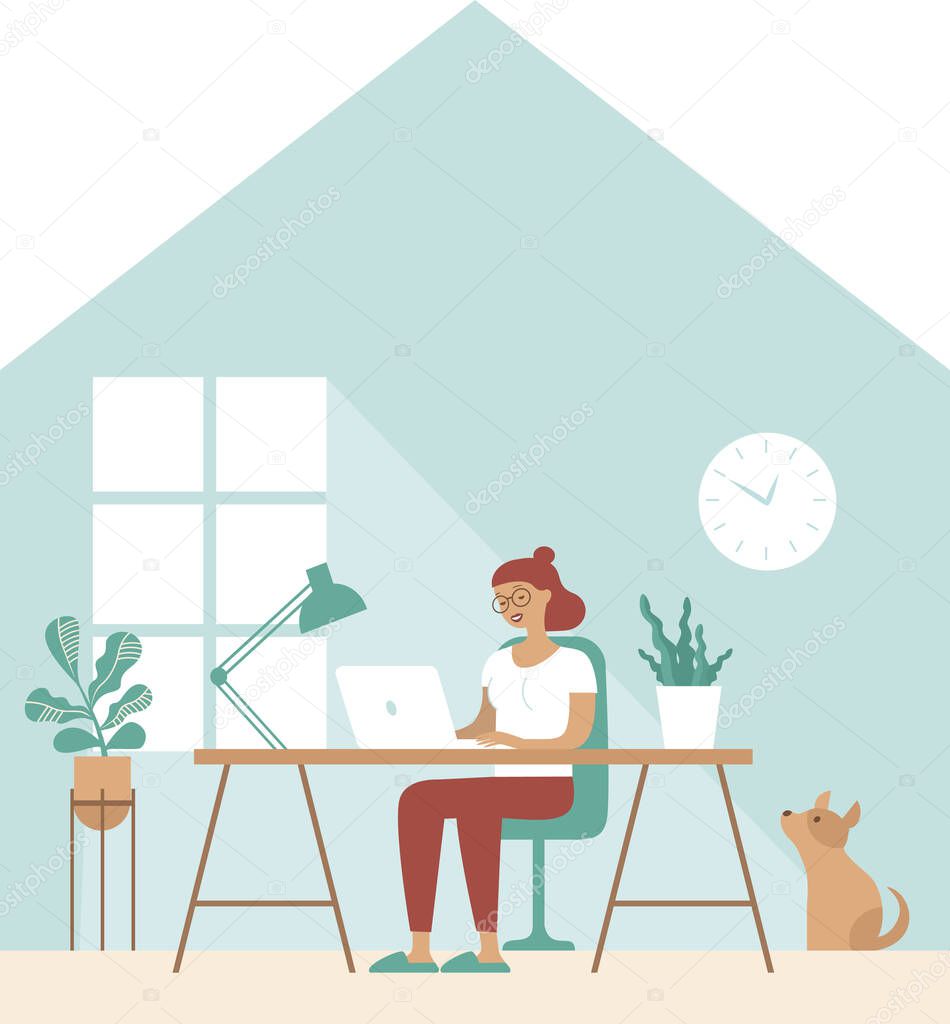 Girl work in comfortable conditions Freelancer character working from home remotely. Flat vector concept for coronavirus quarantine