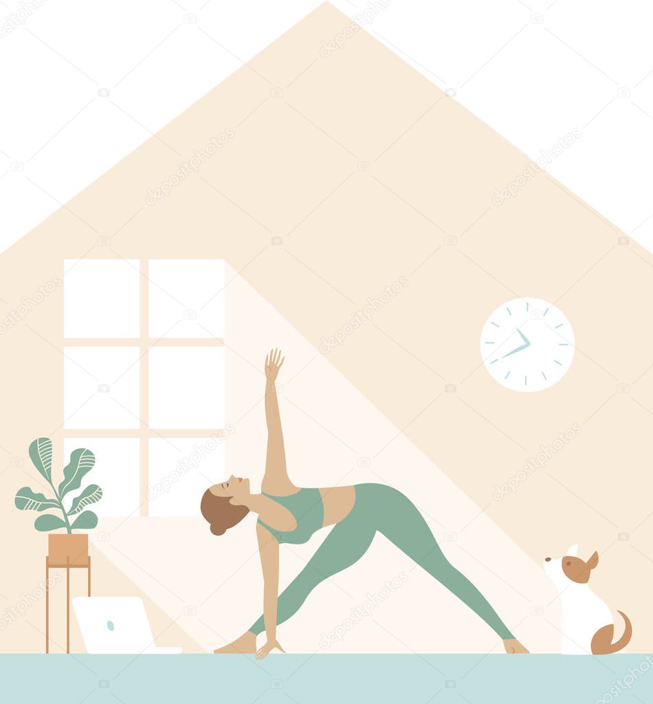 Fit woman doing yoga morning workout and watching online tutorials on laptop, training in living room with her dog. Flat vector concept for coronavirus covid-19 quarantine