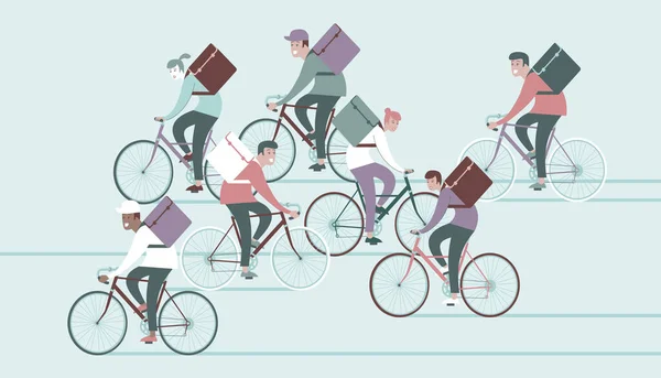 Fietslogistiek Koeriers Leuke Koerier Personages Rijden Fiets Met Bezorgdoos Koerier — Stockvector