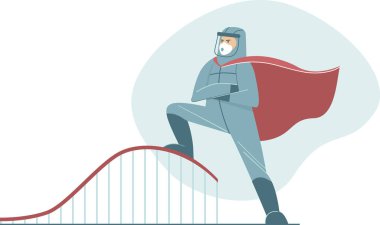 Flatten the curve. Coronavirus COVID-19 preventing a sharp peak of infections. Doctor wearing full protective gear in superhero cape work to flatten the curve to slow COVID-19 infection Flat vector character clipart