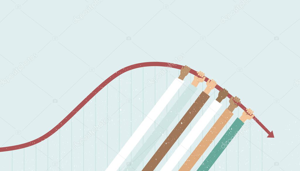 We can do it together. Flatten the curve concept for coronavirus COVID-19 disease outbreak. Health care workers, police, government and all the people stop spreading viral infection. Flat vector illustration.