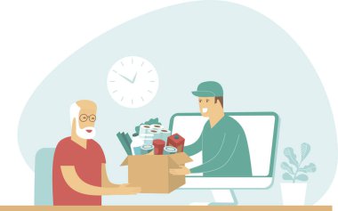 İnternetten alışveriş ve COVID-19 karantinası sırasında yaşlılar için hızlı teslimat. Anında nakliye. Kurye, yaşlı bir adama içinde bilgisayar ekranından alınan yiyeceklerin olduğu karton bir kutu verir. Çizgi film düz vektör çizimi