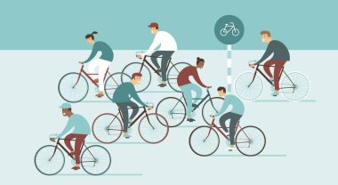 Yoğun caddede bisiklet süren büyük bir grup genç insan. Spor açık hava aktivitesi. Düz vektör illüstrasyonu