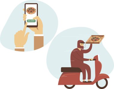 Pizza teslimatı. Mobil uygulamadan sipariş vermek güvenli. Pizza kutusuyla kurye gezintisi. İnternetten yemek sipariş et. Karantina sırasında iletim için düz vektör kavramı