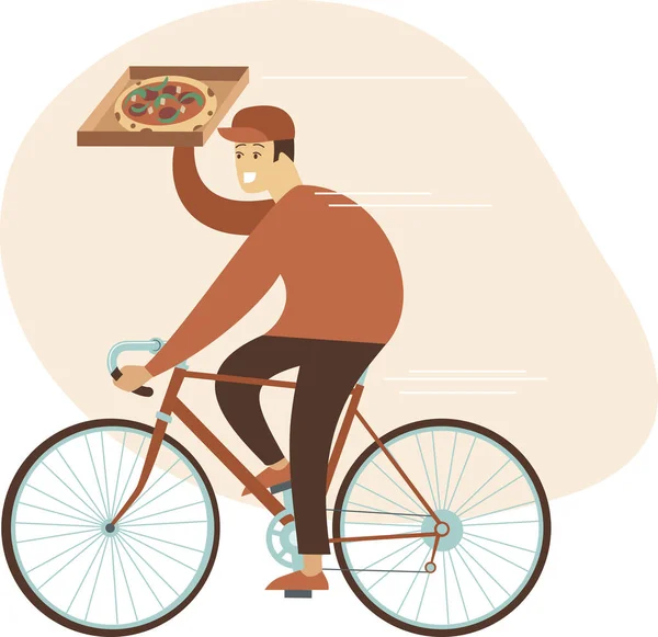 Conceptul Livrare Pizza Curier Băiat Echitatie Biciclete Pizza Box Eco — Vector de stoc