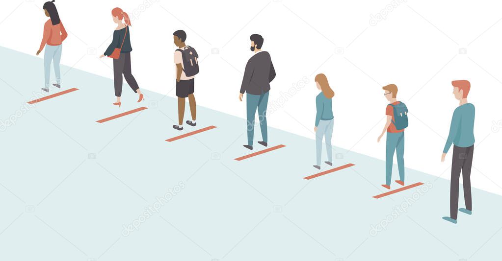 People ceeping distance in the queue. Social distancing concept for coronavirus COVID-192019-ncov disease oubreak. Flat vector illustration