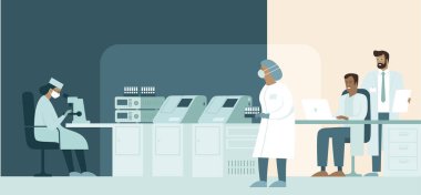 Sıhhiye bilim adamlarından oluşan bir ekip laboratuarda araştırma yapıyor. İnsanları koronavirüsten koruyan aşının geliştirilmesi covid-19 viral pnömoni salgınına neden oluyor.