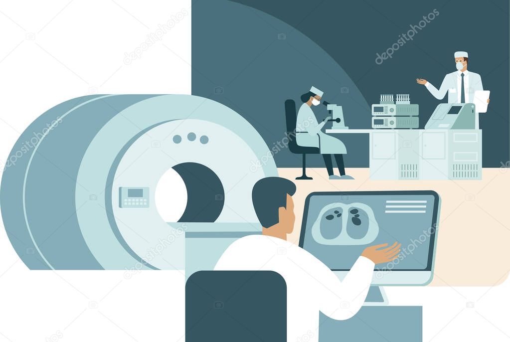doctors scientists making research in clinic labaroratory. Developing treatment and vaccine protecting people from novel coronavirus causing covid-19 viral pneumonia pandemic outbreak Flat vector 