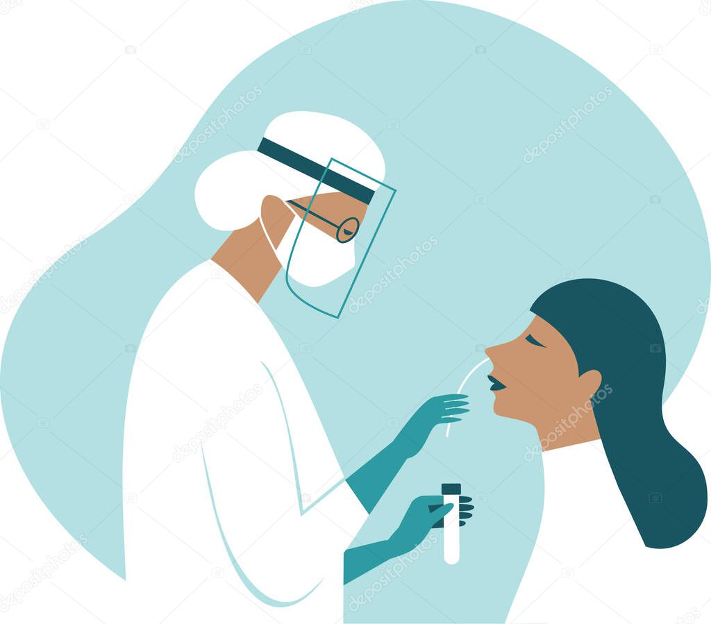 Coronavirus COVID-19 diagnostics. Doctor wearing full antiviral protective gear making nasal swab test for patient.Flat vector illustration. 