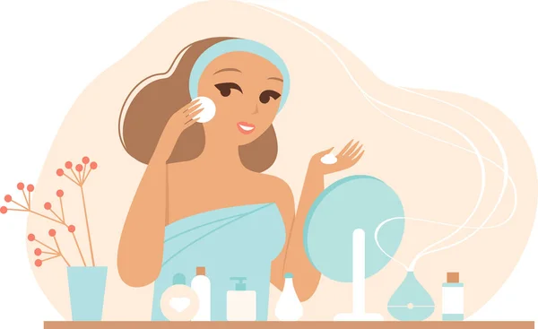 Young Woman Cleaning Her Face Facial Lotion Domestic Spa Treatment — Stock Vector