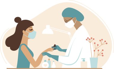 Güzellik salonunda manikür seansı. Karantina sırasında koruyucu maske takan bir güzellik uzmanı ve müvekkil. Coronavirus COVID-19 karantinası sırasında güvenlik ve koruma. Düz vektör illüstrasyonu