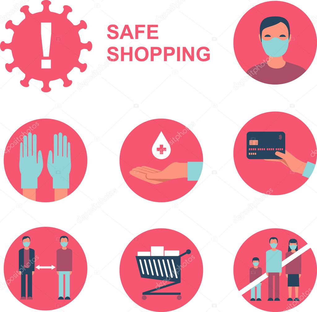 Safe shopping in public place during coronavirus COVID-19 disease outbreak. Flat vector illustration icon set