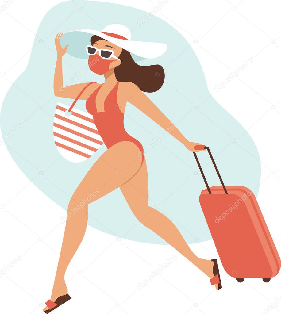 Young girl wearing bikini with matching protective medical mask Flat vector concept illustration for summer vacations 2020 after coronavirus outbreak quarantine